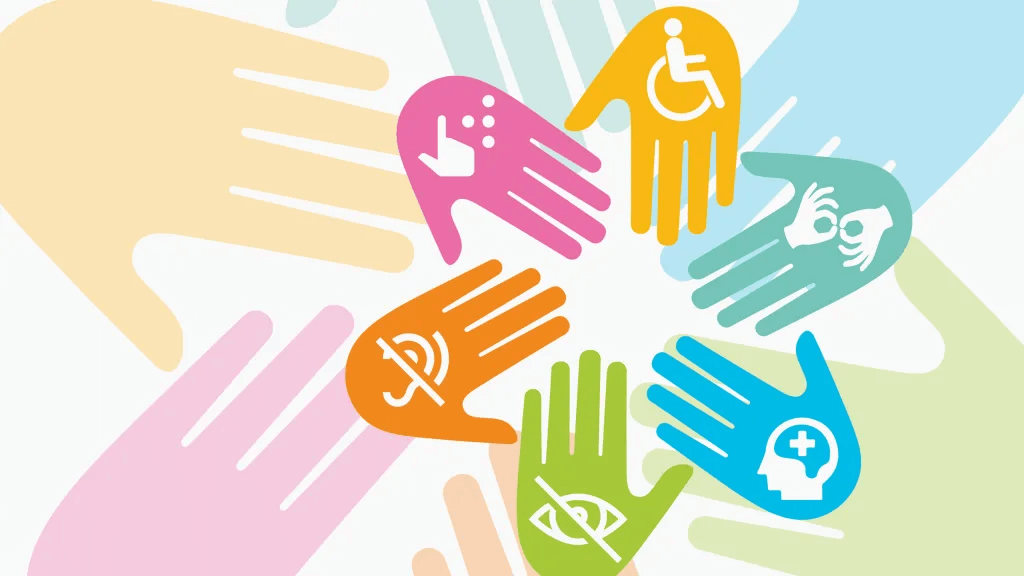 Picture of five colorful hands representing different types of disabilities as laid out in this article